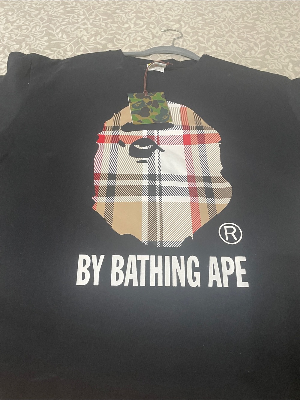 By BATHING APE Black Short Sleeve Tee with Plaid Ape Head Graphic